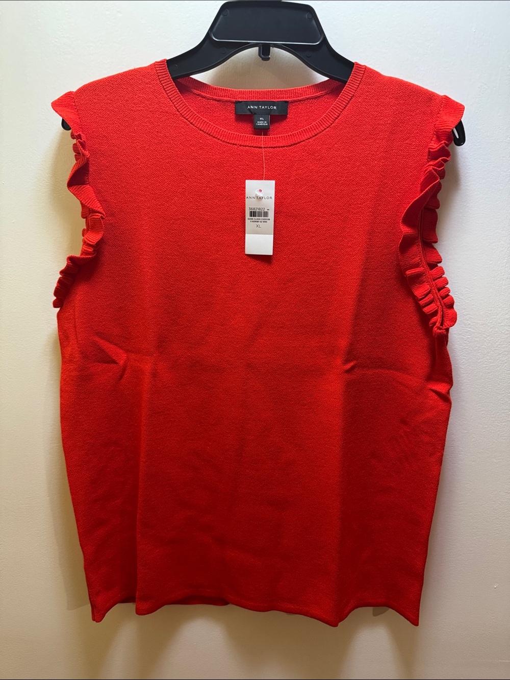Ann Taylor Vibrant Red Ruffle-Trim Sleeveless shell mid weight.